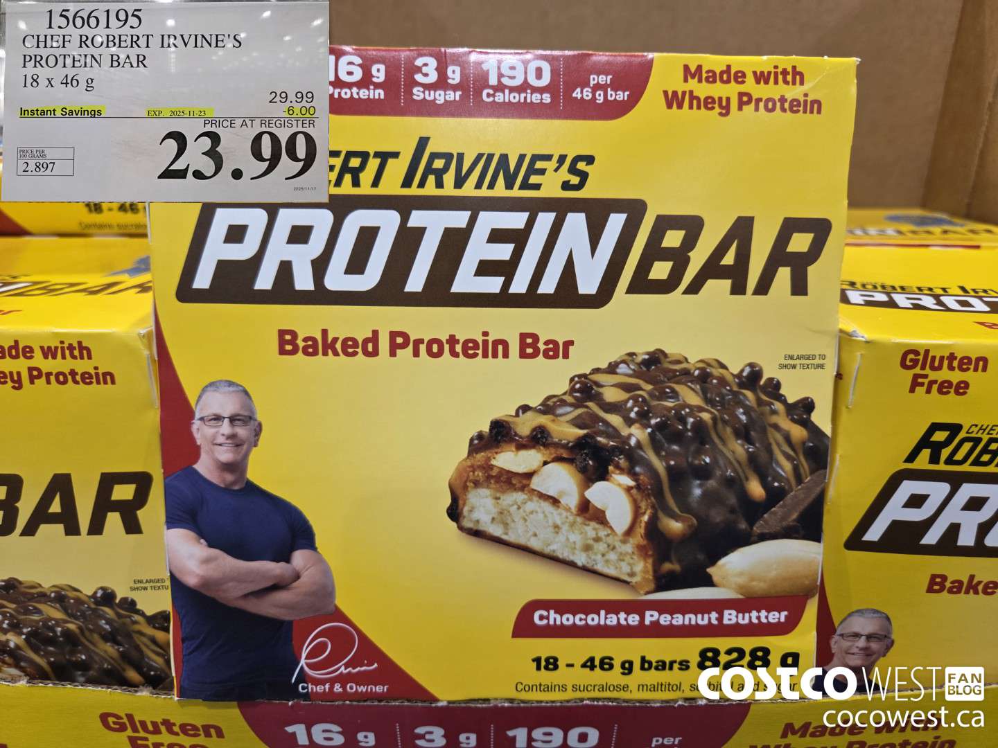 1566195 CHEF ROBERT IRVINE'S PROTEIN BAR 18 X 46G ($6.00 INSTANT SAVINGS EXPIRES ON 2025-11-23) $23.99