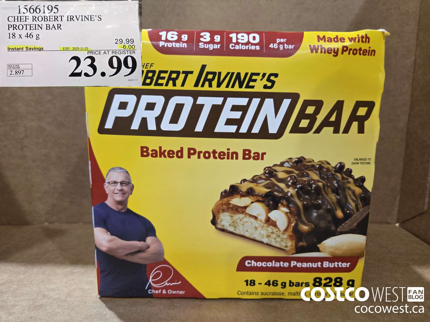 1566195 CHEF ROBERT IRVINE'S PROTEIN BAR 18 X 46G ($6.00 INSTANT SAVINGS EXPIRES ON 2025-11-23) $23.99