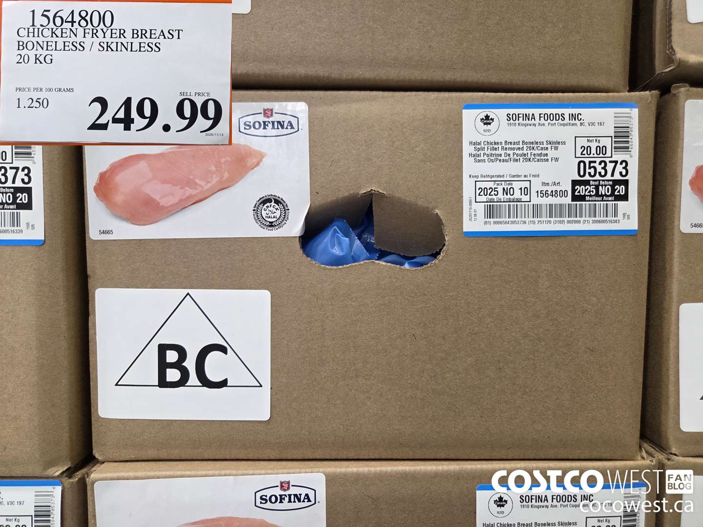 1564800 CHICKEN FRYER BREAST BONELESS / SKINLESS 20 KG $249.99