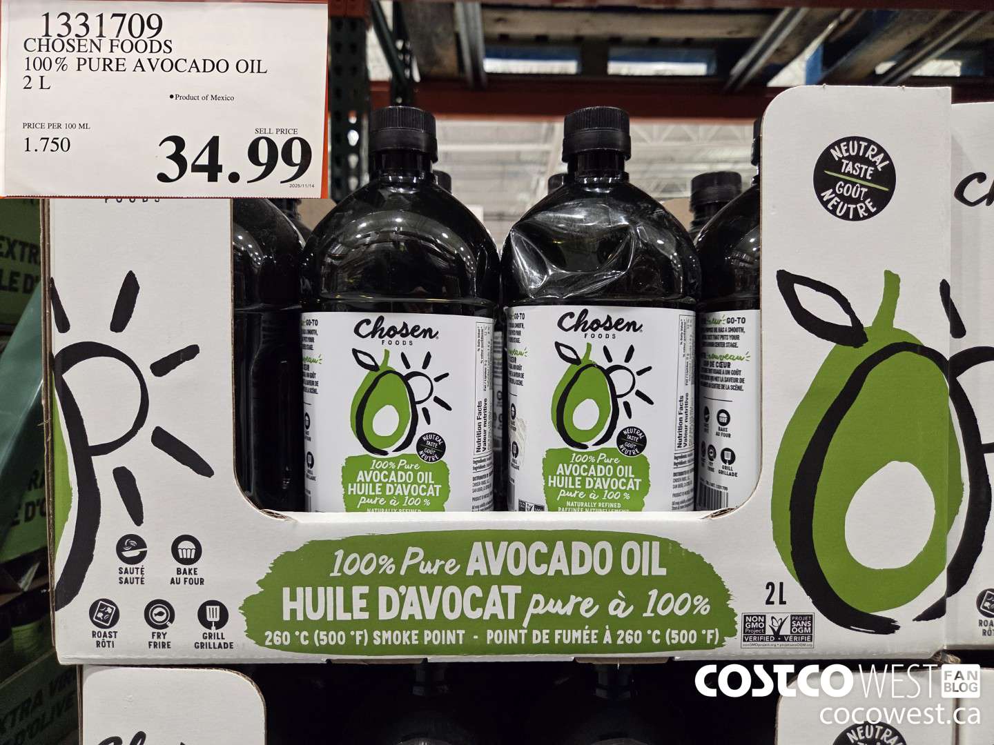 1331709 CHOSEN FOODS 100% PURE AVOCADO OIL 2 L $34.99