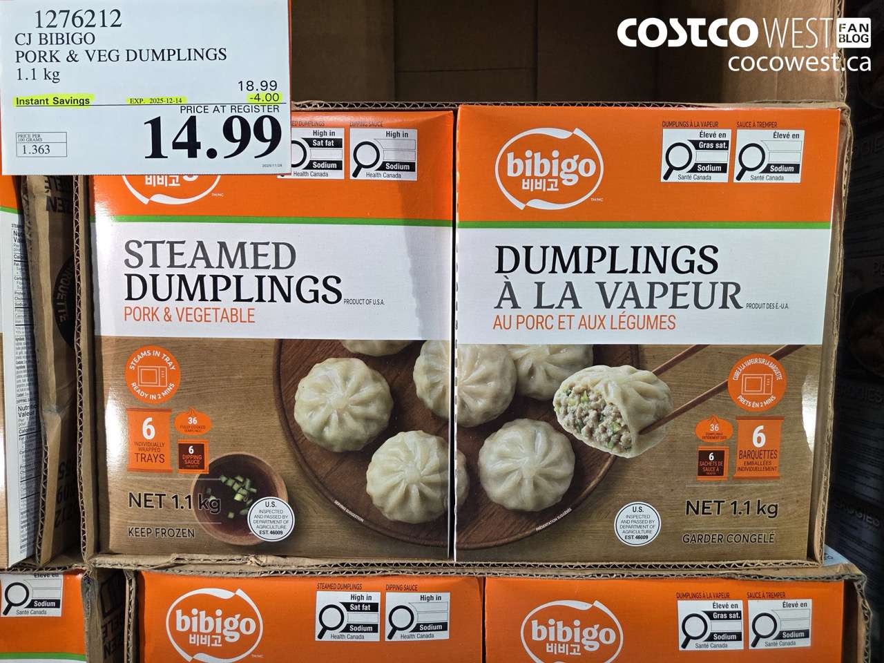 1276212 CJ BIBIGO PORK & VEG DUMPLINGS 1.1KG ($4.00 INSTANT SAVINGS EXPIRES ON 2025-12-14) $14.99