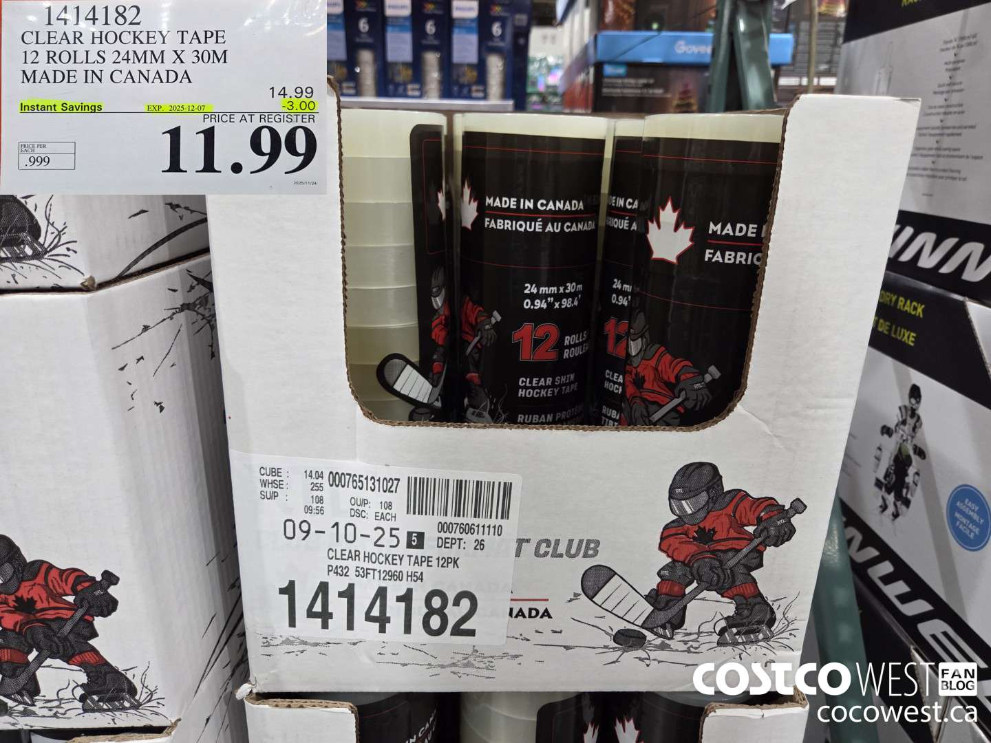 1414182 CLEAR HOCKEY TAPE 12 ROLLS 24MM X 30M MADE IN CANADA ($3.00 INSTANT SAVINGS EXPIRES ON 2025-12-07) $11.99