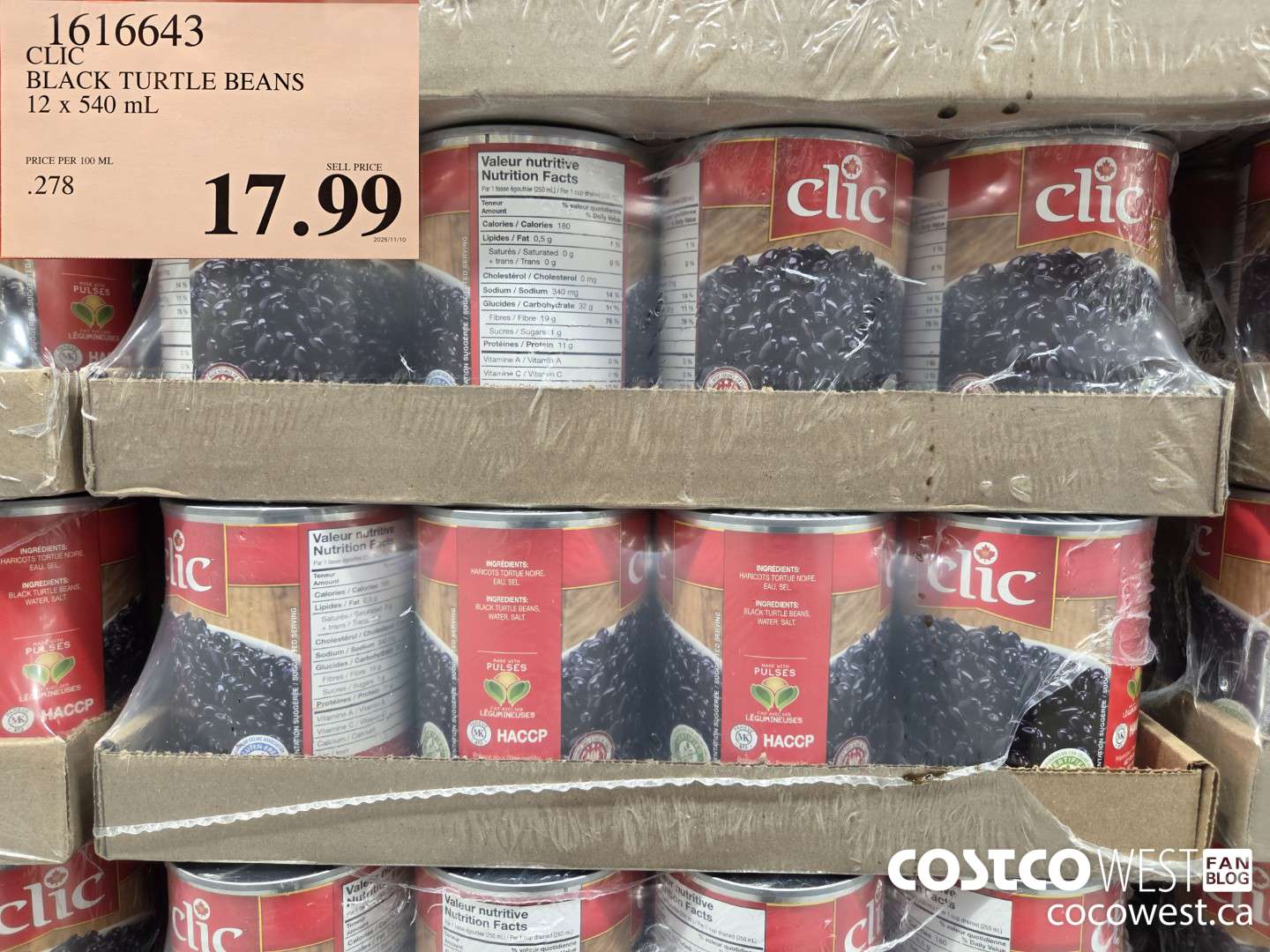1616643 CLIC BLACK TURTLE BEANS 12 x 540 mL $17.99