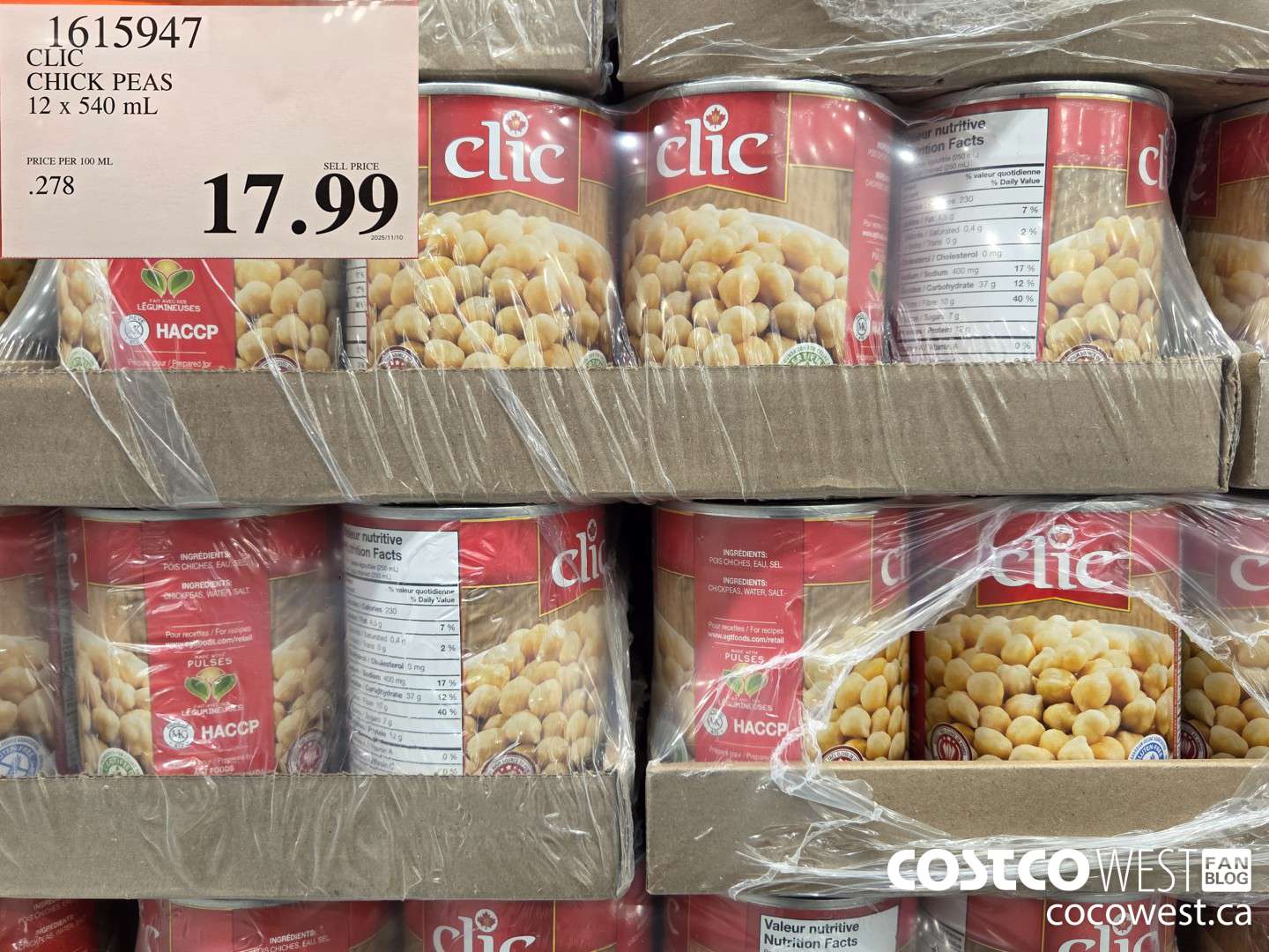 1615947 CLIC CHICK PEAS 12 x 540 mL $17.99