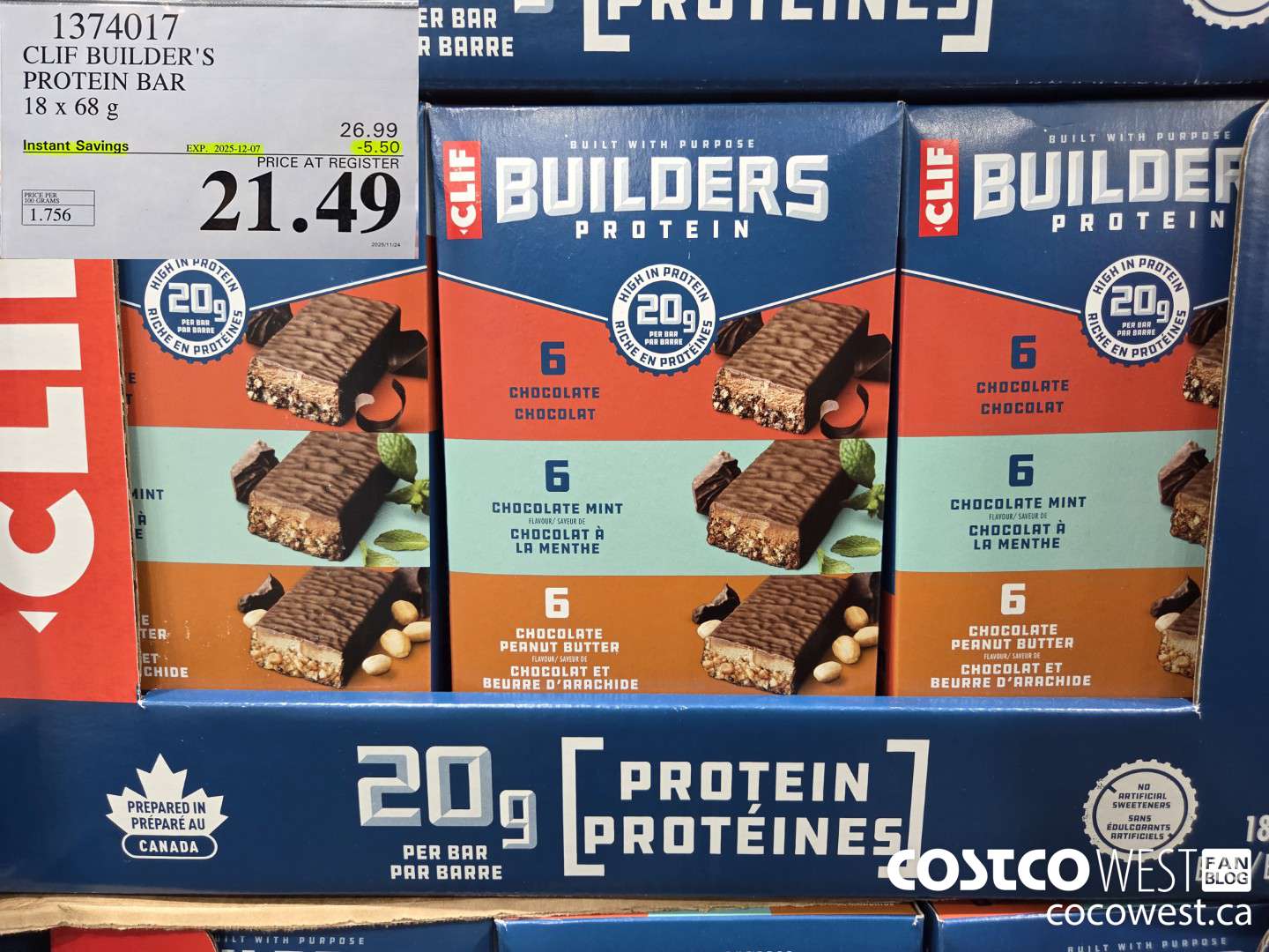 1374017 CLIF BAR BUILDER'S BAR VARIETY 18 x 68 g ($5.50 INSTANT SAVINGS EXPIRES ON 2025-12-07) $21.49