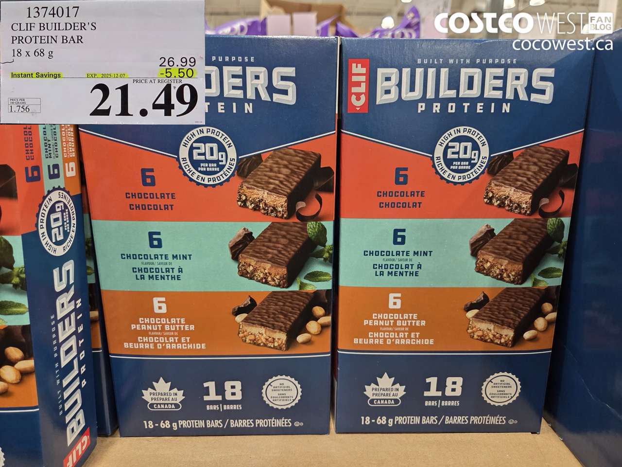 1374017 CLIF BAR BUILDER'S BAR VARIETY 18 x 68 g ($5.50 INSTANT SAVINGS EXPIRES ON 2025-12-07) $21.49