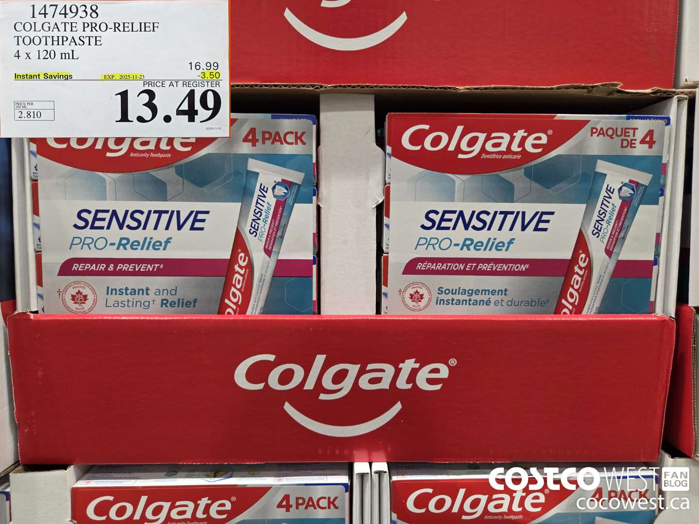 1474938 COLGATE PRO-RELIEF TOOTHPASTE 4 x 120 mL ($3.50 INSTANT SAVINGS EXPIRES ON 2025-11-23) $13.49