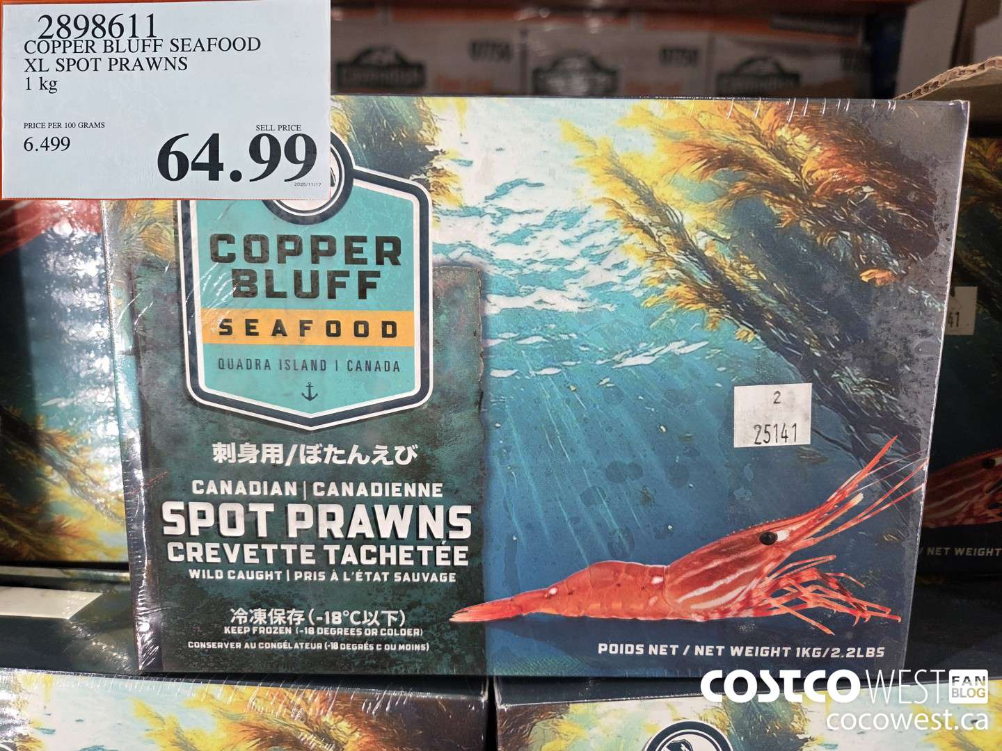 2898611 COPPER BLUFF SEAFOOD XL SPOT PRAWNS 1KG $64.99