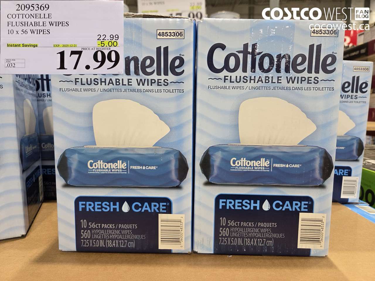 2095369 COTTONELLE FLUSHABLE WIPES 560 UNITS ($5.00 INSTANT SAVINGS EXPIRES ON 2025-12-21) $17.99
