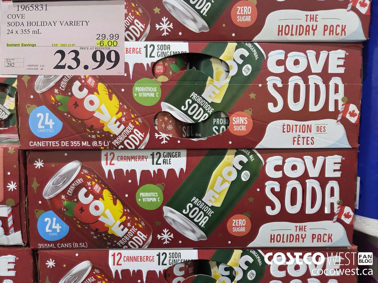 1965831 COVE SODA HOLIDAY VARIETY 24 x 355 mL ($6.00 INSTANT SAVINGS EXPIRES ON 2025-12-07) $23.99