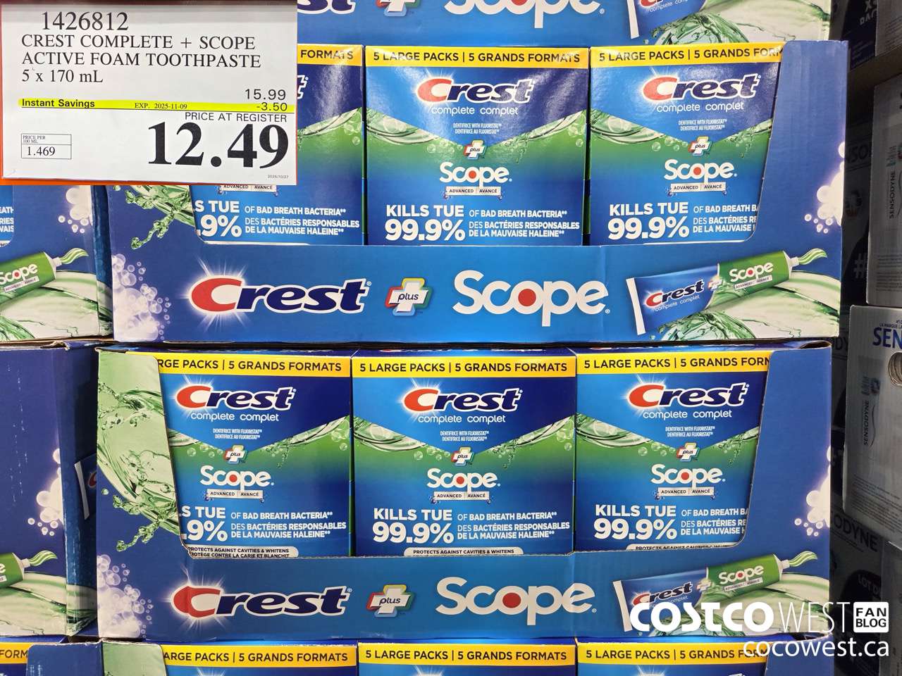 1426812 CREST COMPLETE + SCOPE ACTIVE FOAM TOOTHPASTE 5 x 170ml  ($3.50 INSTANT SAVINGS EXPIRES ON 2025-11-09) $12.49