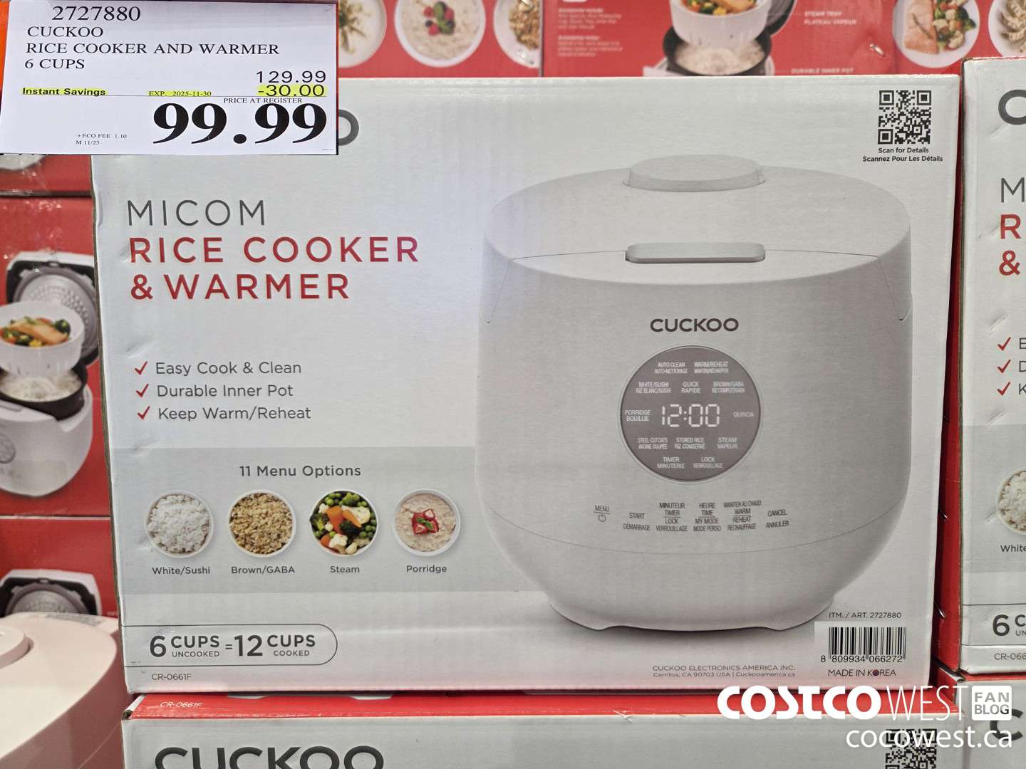 2727880 CUCKOO RICE COOKER AND WARMER 6 CUPS ($30.00 INSTANT SAVINGS EXPIRES ON 2025-11-30) $99.99