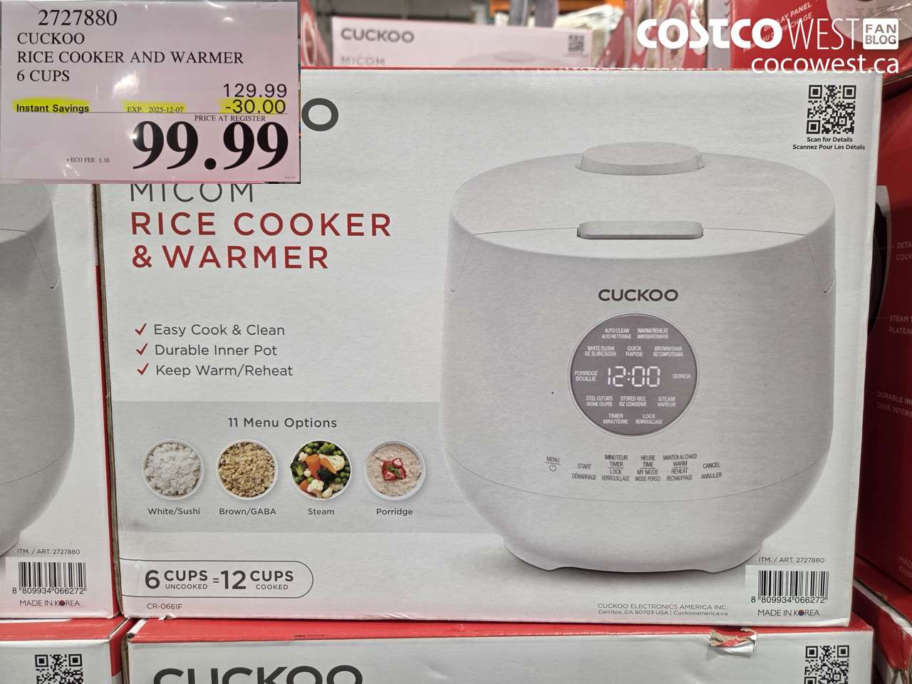 2727880 CUCKOO RICE COOKER AND WARMER 6 CUPS ($30.00 INSTANT SAVINGS EXPIRES ON 2025-12-07) $99.99