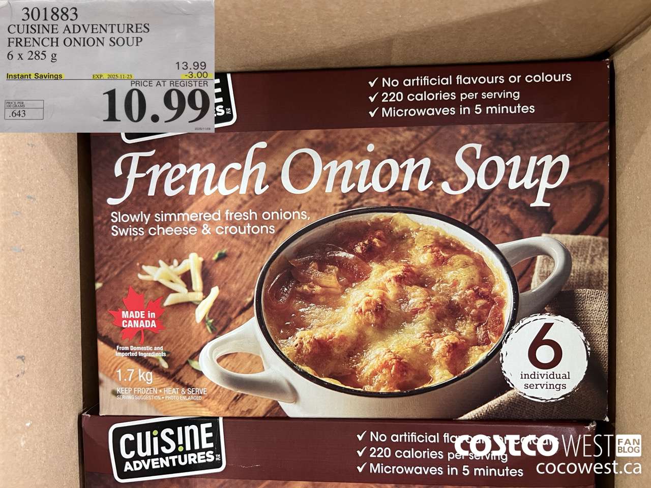 301883 CUISINE ADVENTURES FRENCH ONION SOUP 6 X 285 G ($3.00 INSTANT SAVINGS EXPIRES ON 2025-11-23) $10.99