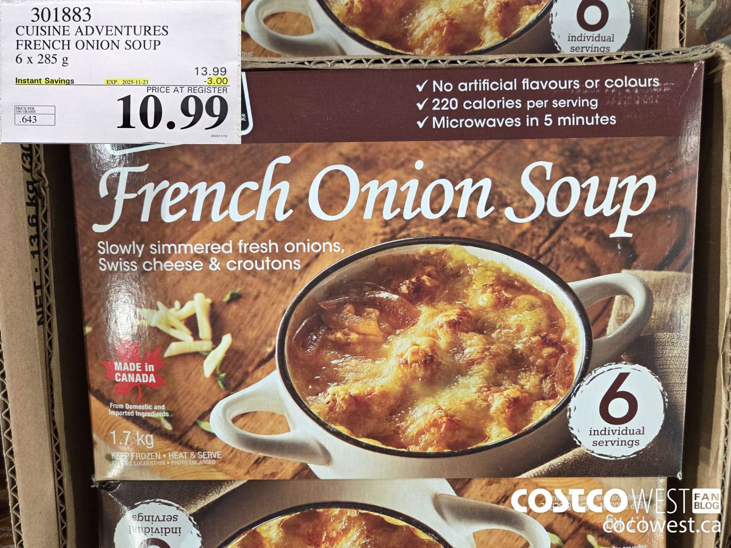 301883 CUISINE ADVENTURES FRENCH ONION SOUP 6 X 285 G ($3.00 INSTANT SAVINGS EXPIRES ON 2025-11-23) $10.99