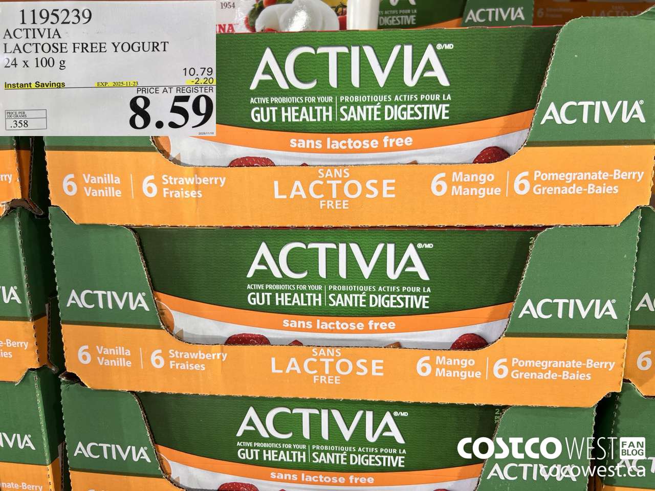 1195239 DANONE ACTIVIA LACTOSE FREE YOGURT 24 x 100 g ($2.20 INSTANT SAVINGS EXPIRES ON 2025-11-23) $8.59