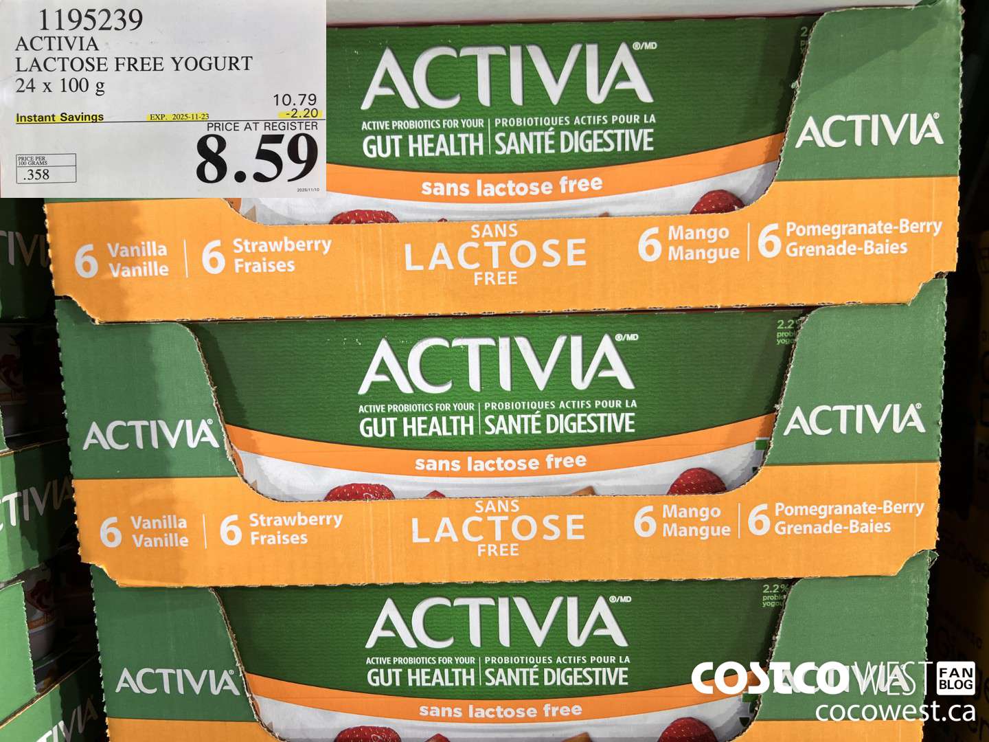 1195239 DANONE ACTIVIA LACTOSE FREE YOGURT 24 x 100 g ($2.20 INSTANT SAVINGS EXPIRES ON 2025-11-23) $8.59