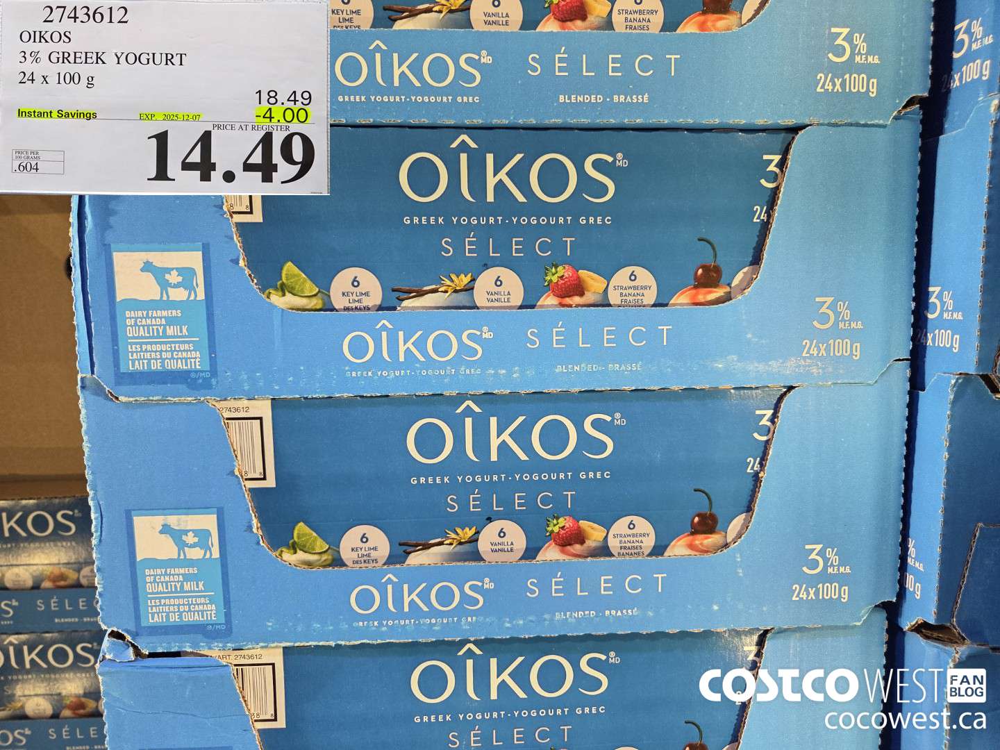 2743612 DANONE OIKOS 3% GREEK YOGURT 24 X 100 G ($4.00 INSTANT SAVINGS EXPIRES ON 2025-12-07) $14.49