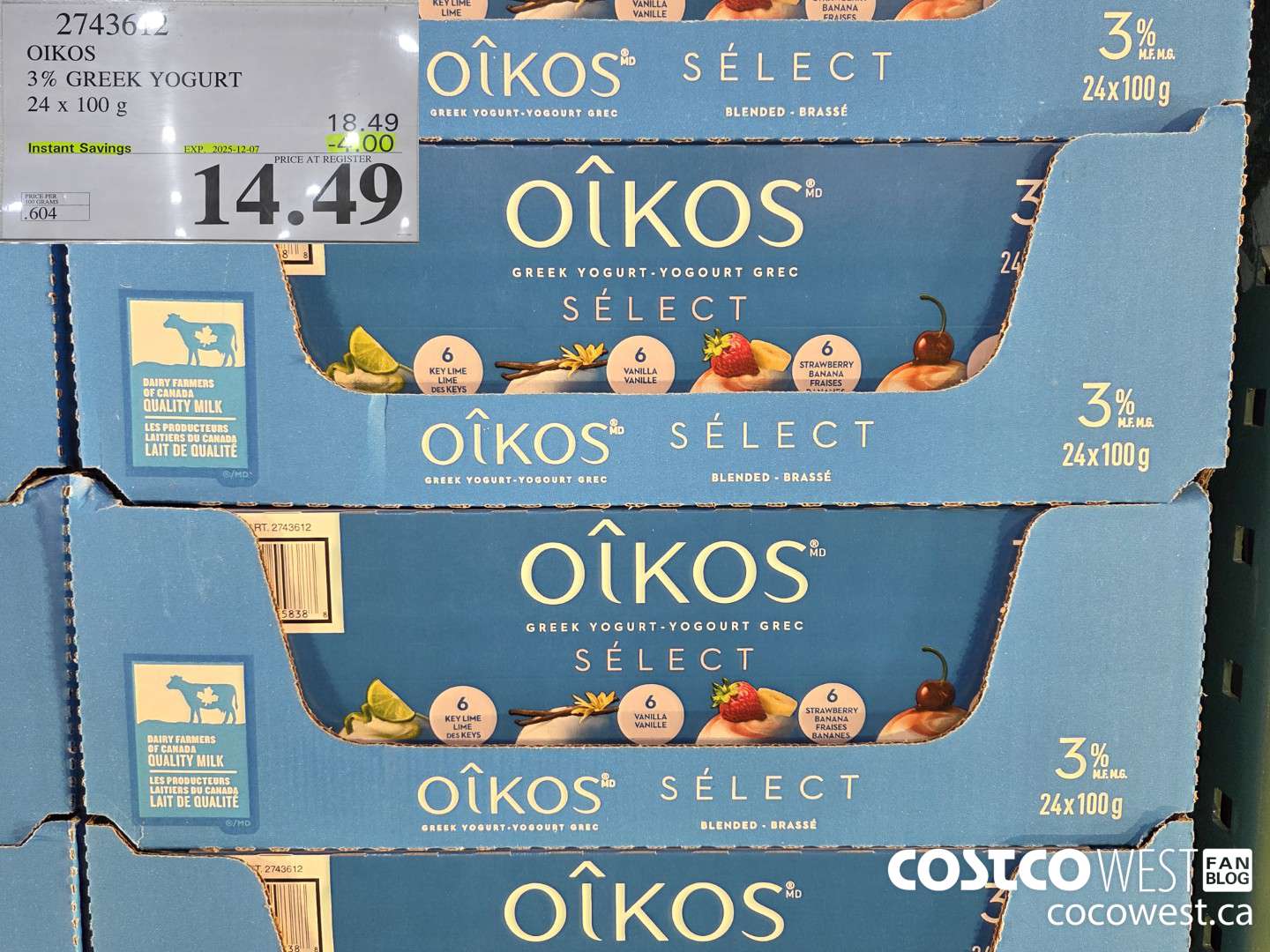 2743612 DANONE OIKOS 3% GREEK YOGURT 24 X 100 G ($4.00 INSTANT SAVINGS EXPIRES ON 2025-12-07) $14.49