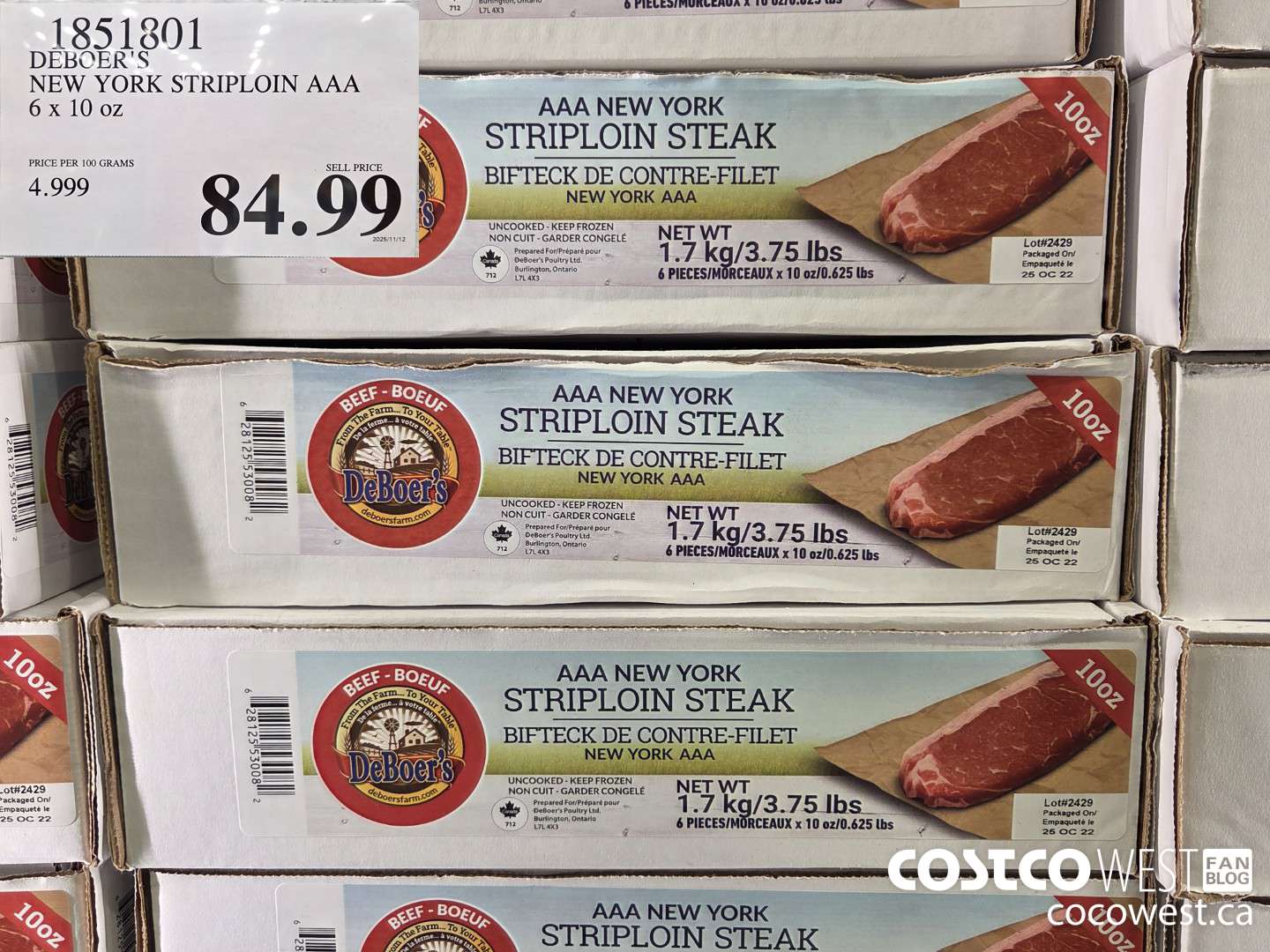 1851801 DEBOER'S NEW YORK STRIPLOIN AAA 6 x 10 oz $84.99