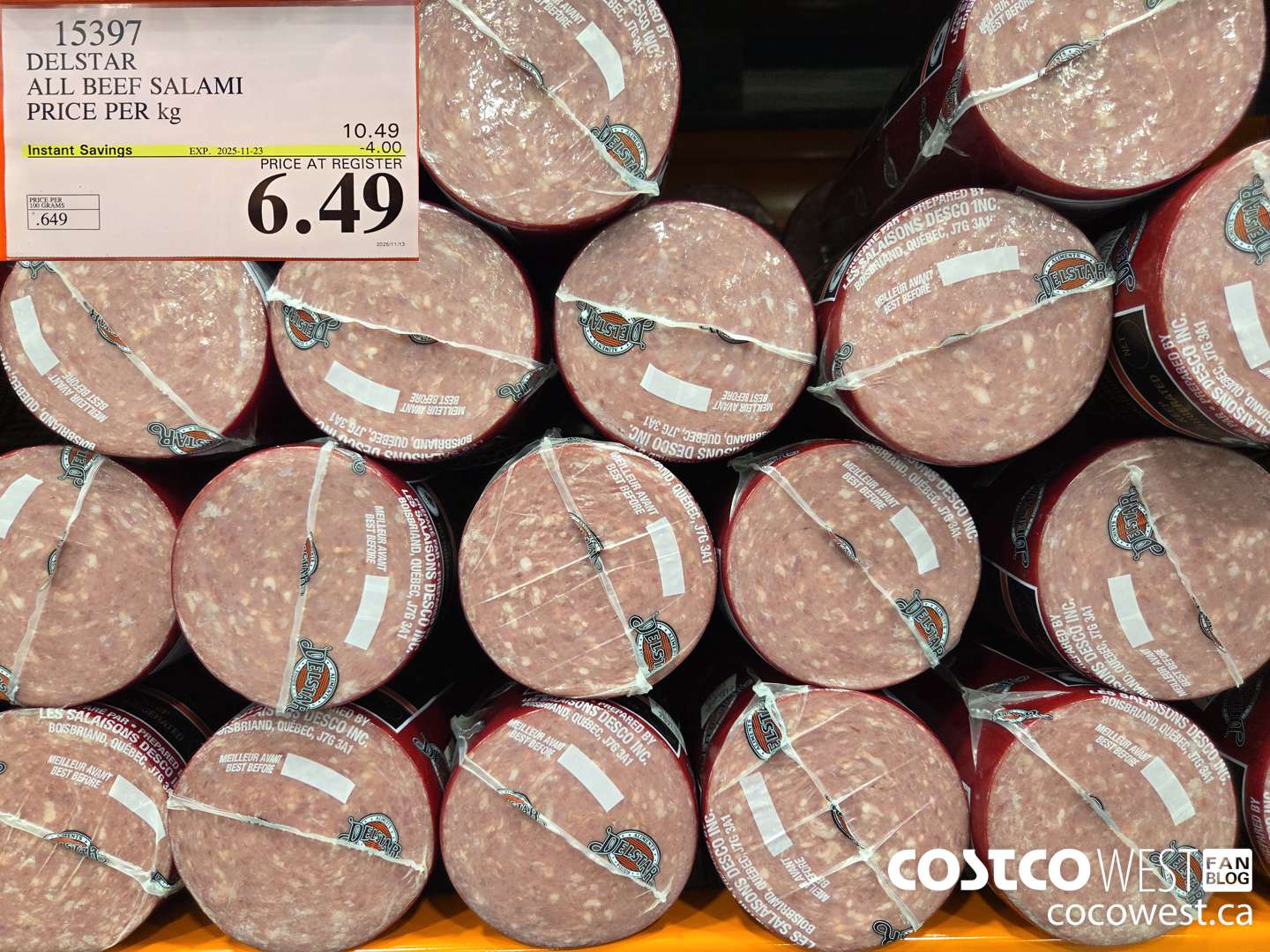 15397 DELSTAR ALL BEEF SALAMI PRICE PER kg ($4.00 INSTANT SAVINGS EXPIRES ON 2025-11-23) $6.49