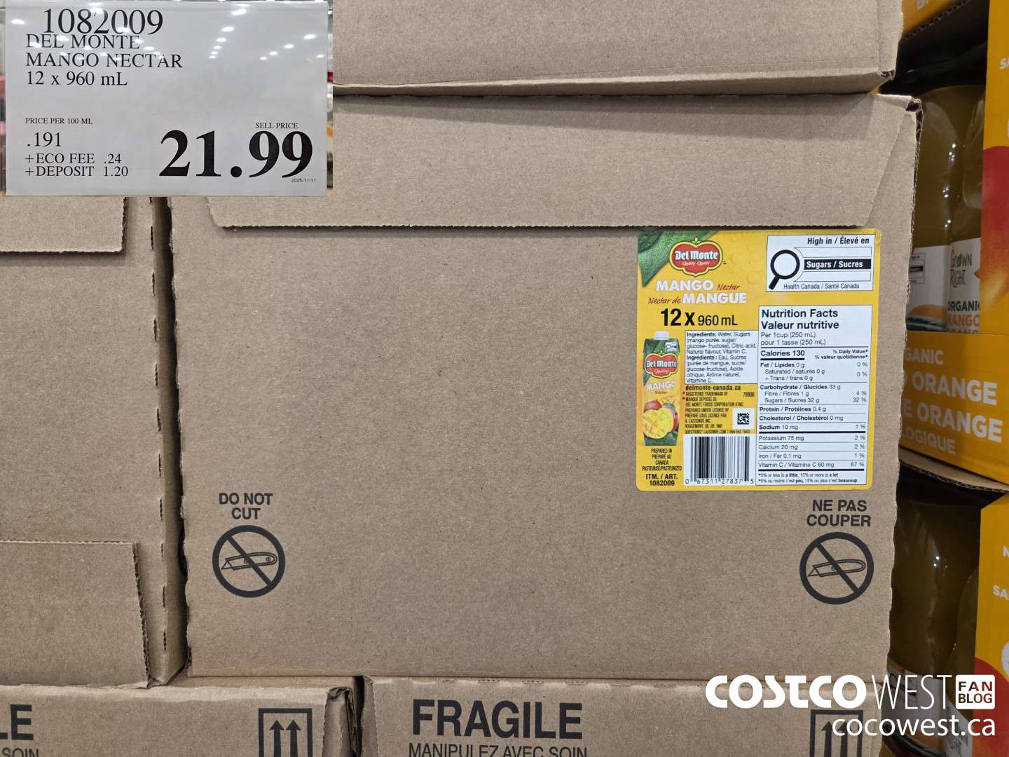 1082009 DEL MONTE MANGO NECTAR 12 x 960 mL $21.99