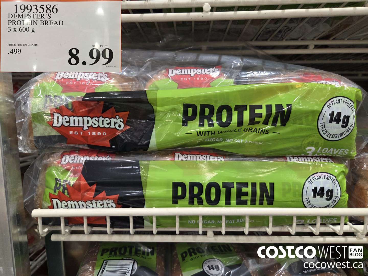1993586 DEMPSTER'S PROTEIN BREAD 3 X 600G $8.99