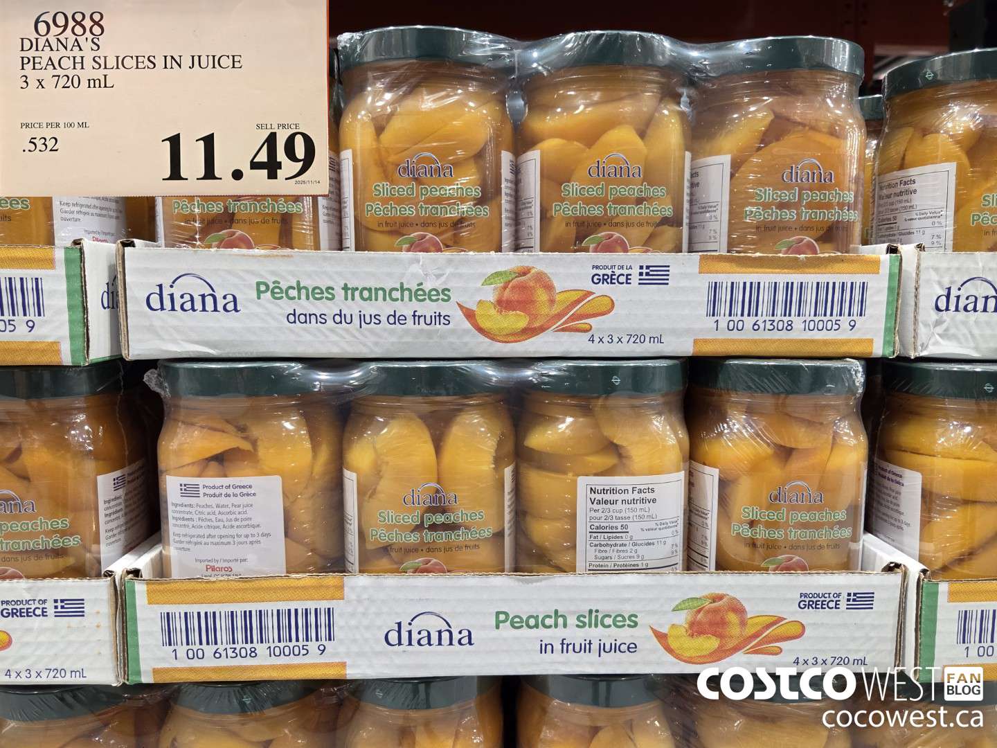 6988 DIANA'S PEACH SLICES IN JUICE 3 x 720 mL $11.49