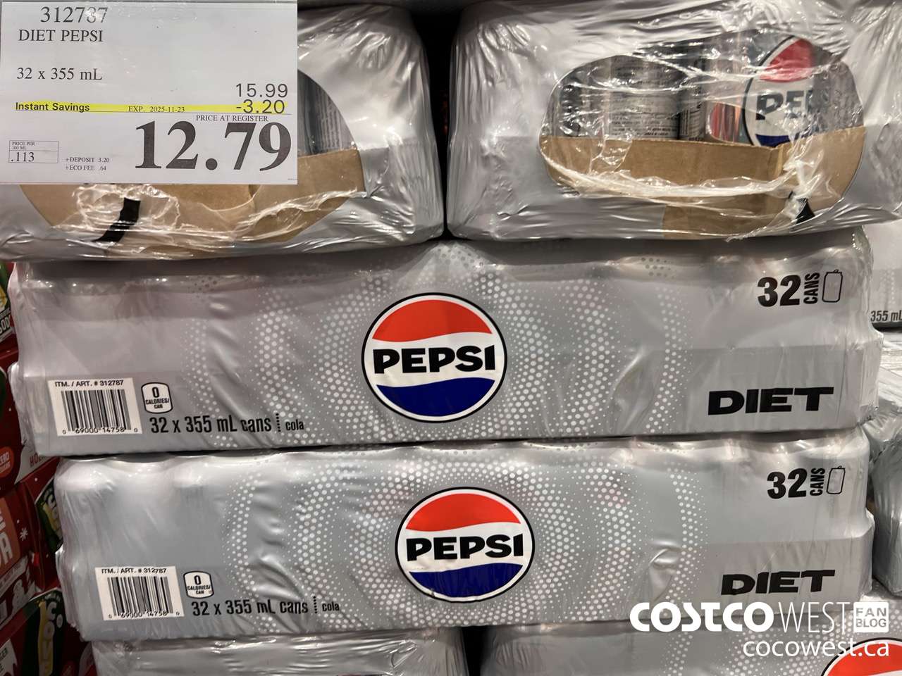 312787 DIET PEPSI 32 X 355 ML ($3.20 INSTANT SAVINGS EXPIRES ON 2025-11-23) $12.79