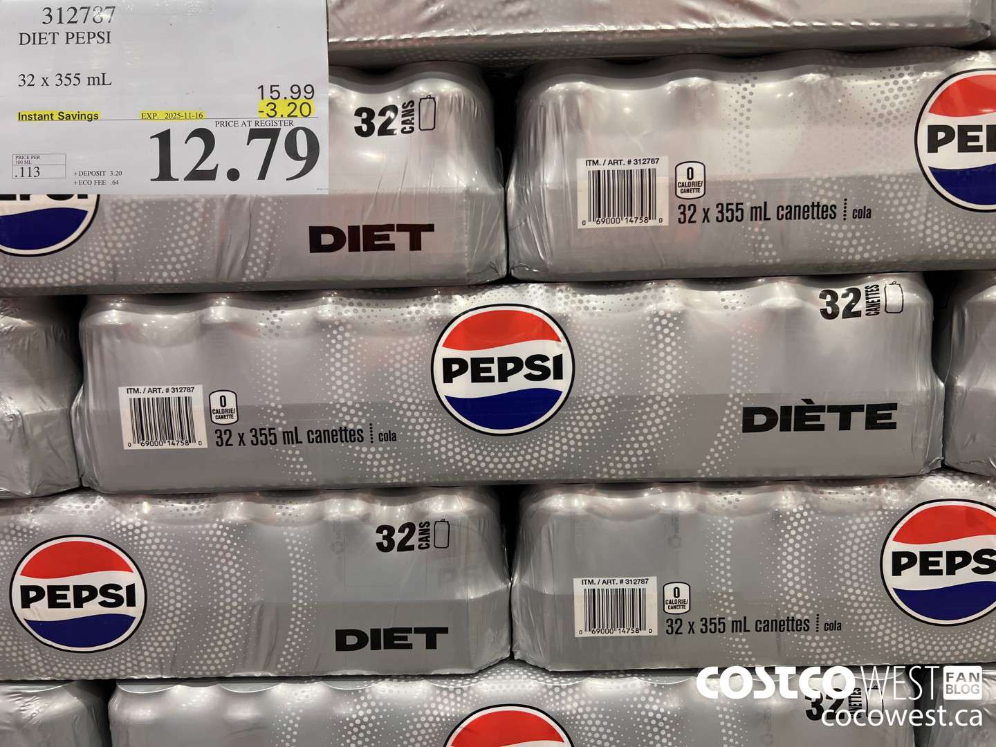 312787 DIET PEPSI 32 X 355 ML ($3.20 INSTANT SAVINGS EXPIRES ON 2025-11-16) $12.79