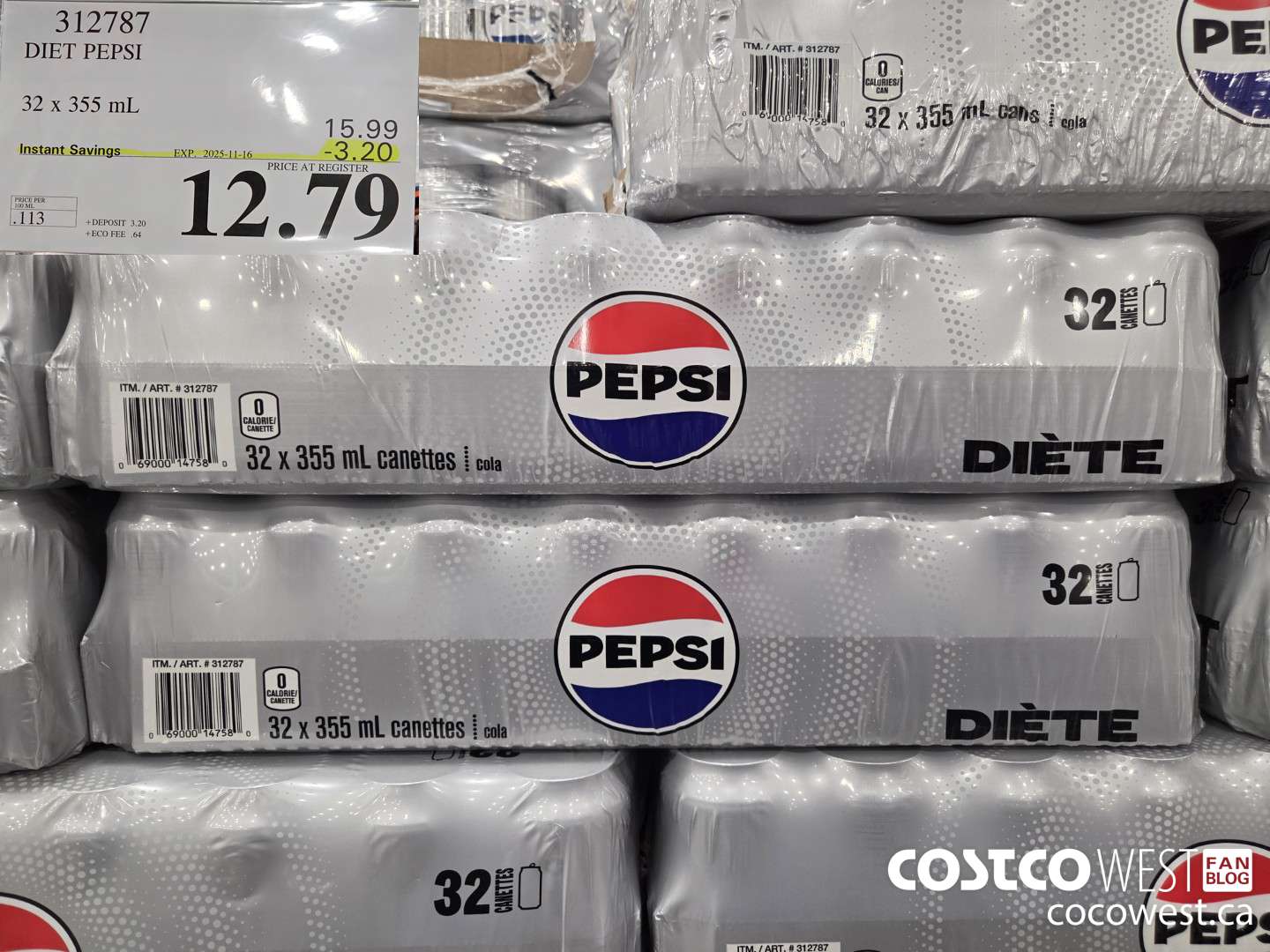 312787 DIET PEPSI 32 x 355 mL ($3.20 INSTANT SAVINGS EXPIRES ON 2025-11-16) $12.79