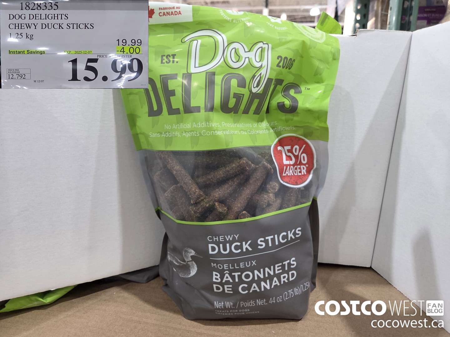 1828335 DOG DELIGHTS CHEWY DUCK STICKS 1.25 kg ($4.00 INSTANT SAVINGS EXPIRES ON 2025-12-07) $15.99
