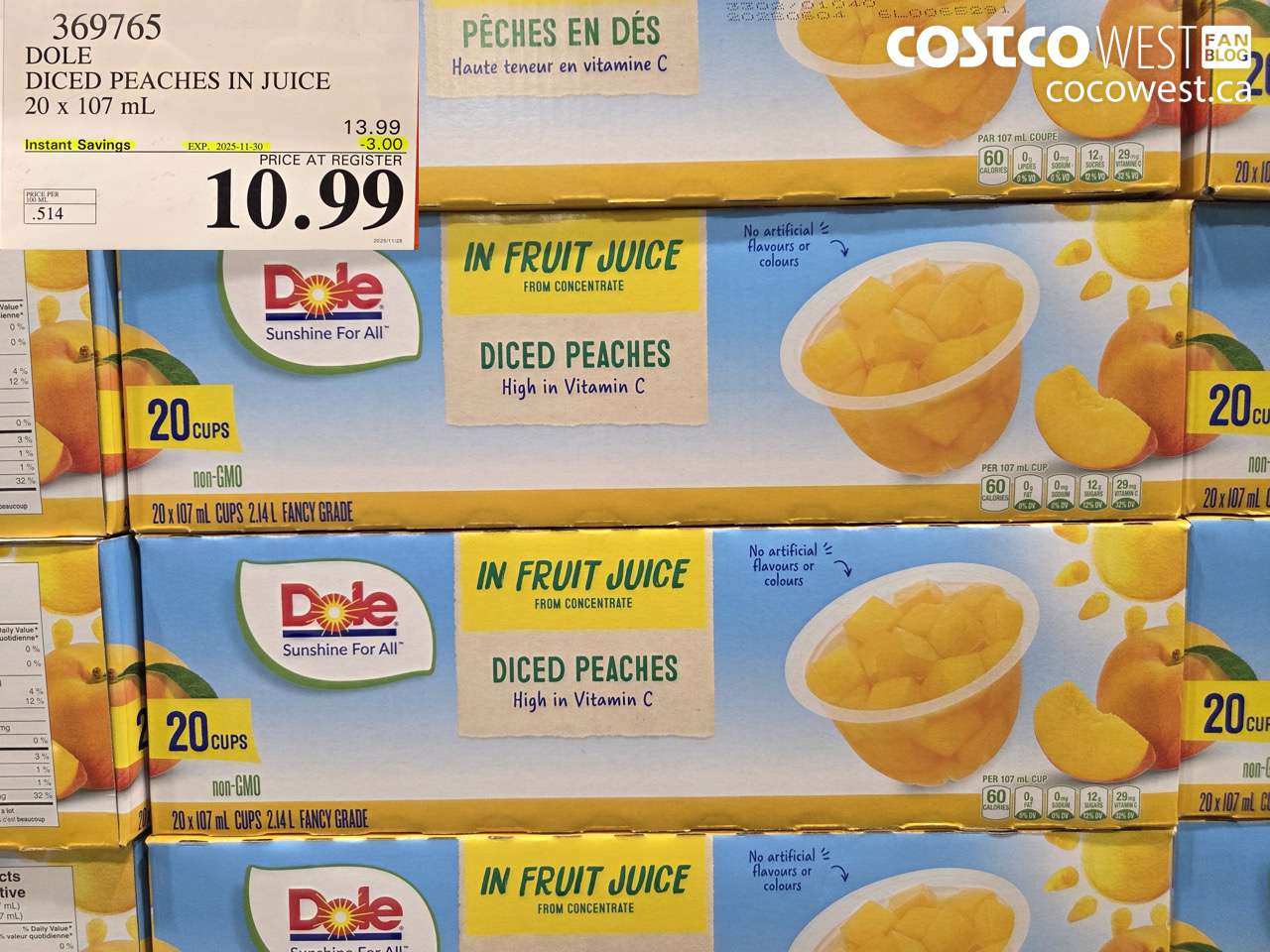 369765 DOLE DICED PEACHES IN JUICE 20 X 107ML ($3.00 INSTANT SAVINGS EXPIRES ON 2025-11-30) $10.99
