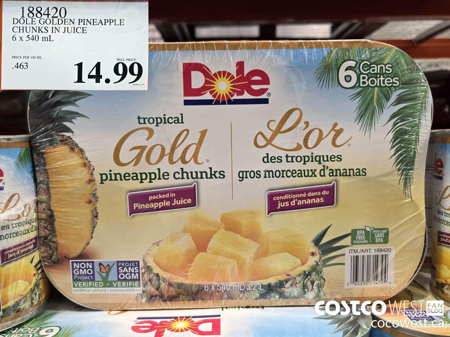 188420 DOLE GOLDEN PINEAPPLE CHUNKS IN JUICE 6 x 540 mL $14.99
