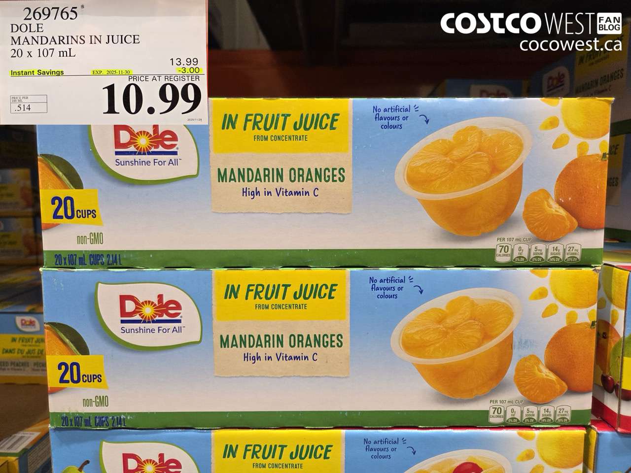 269765 DOLE MANDARINS IN JUICE 20 x 107 mL ($3.00 INSTANT SAVINGS EXPIRES ON 2025-11-30) $10.99