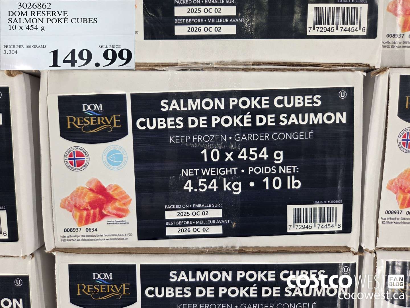 3026862 DOM INTERNATIONAL SALMON POKE CUBES 10 X 454G $149.99