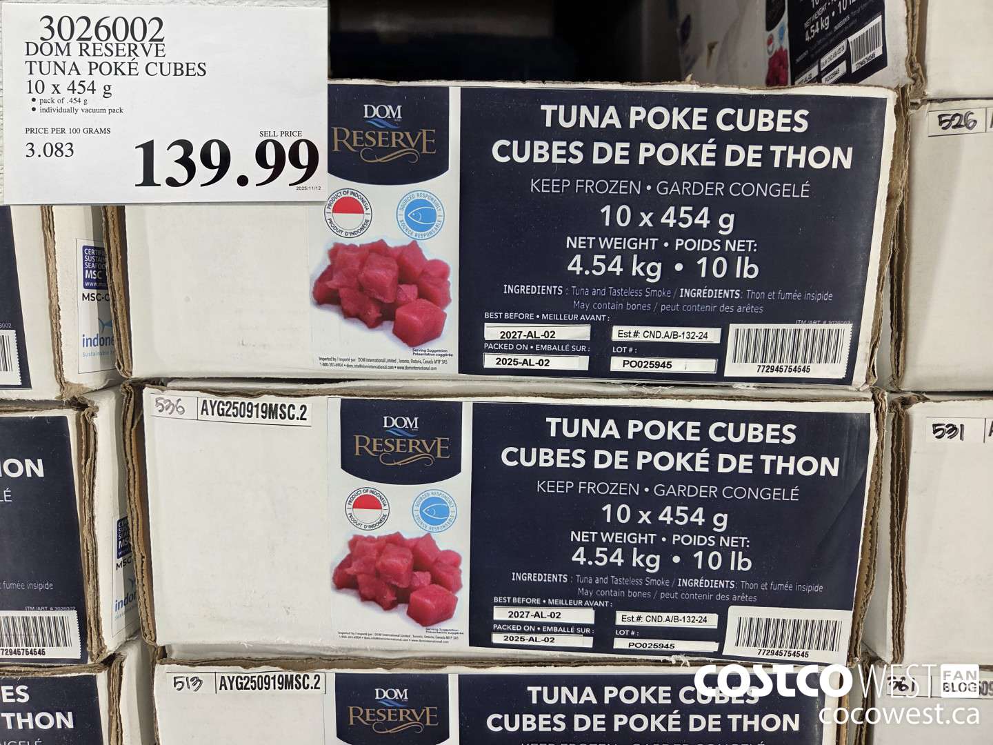 3026002 DOM RESERVE TUNA POKE CUBES 10 x 454 g $139.99