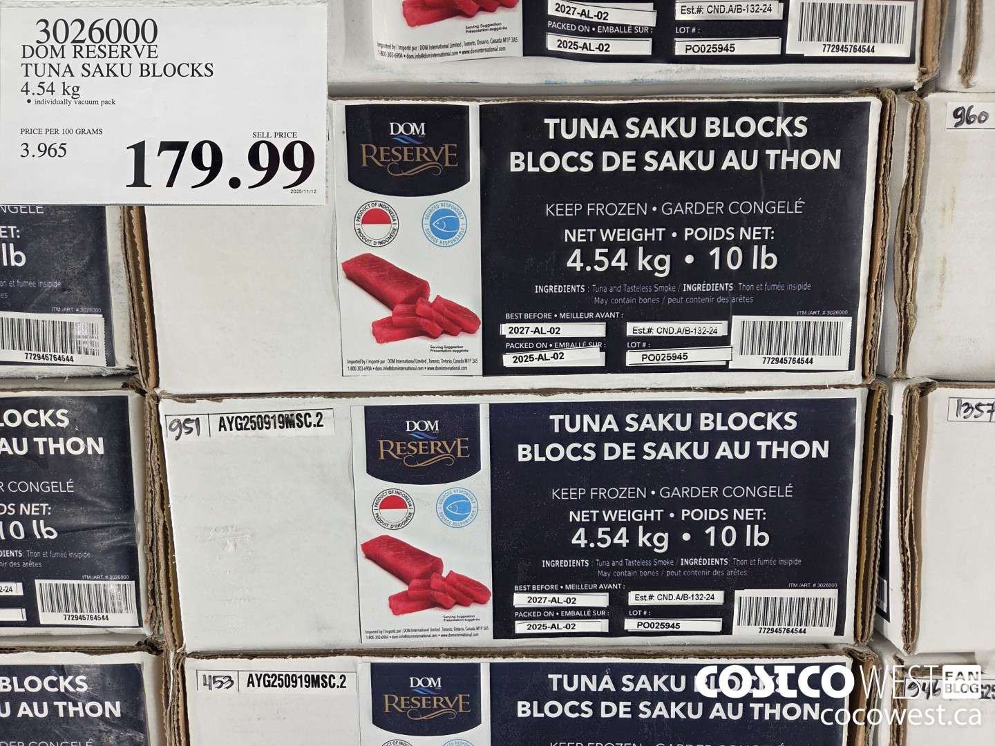 3026000 DOM RESERVE TUNA SAKU BLOCKS 4.54 kg $179.99