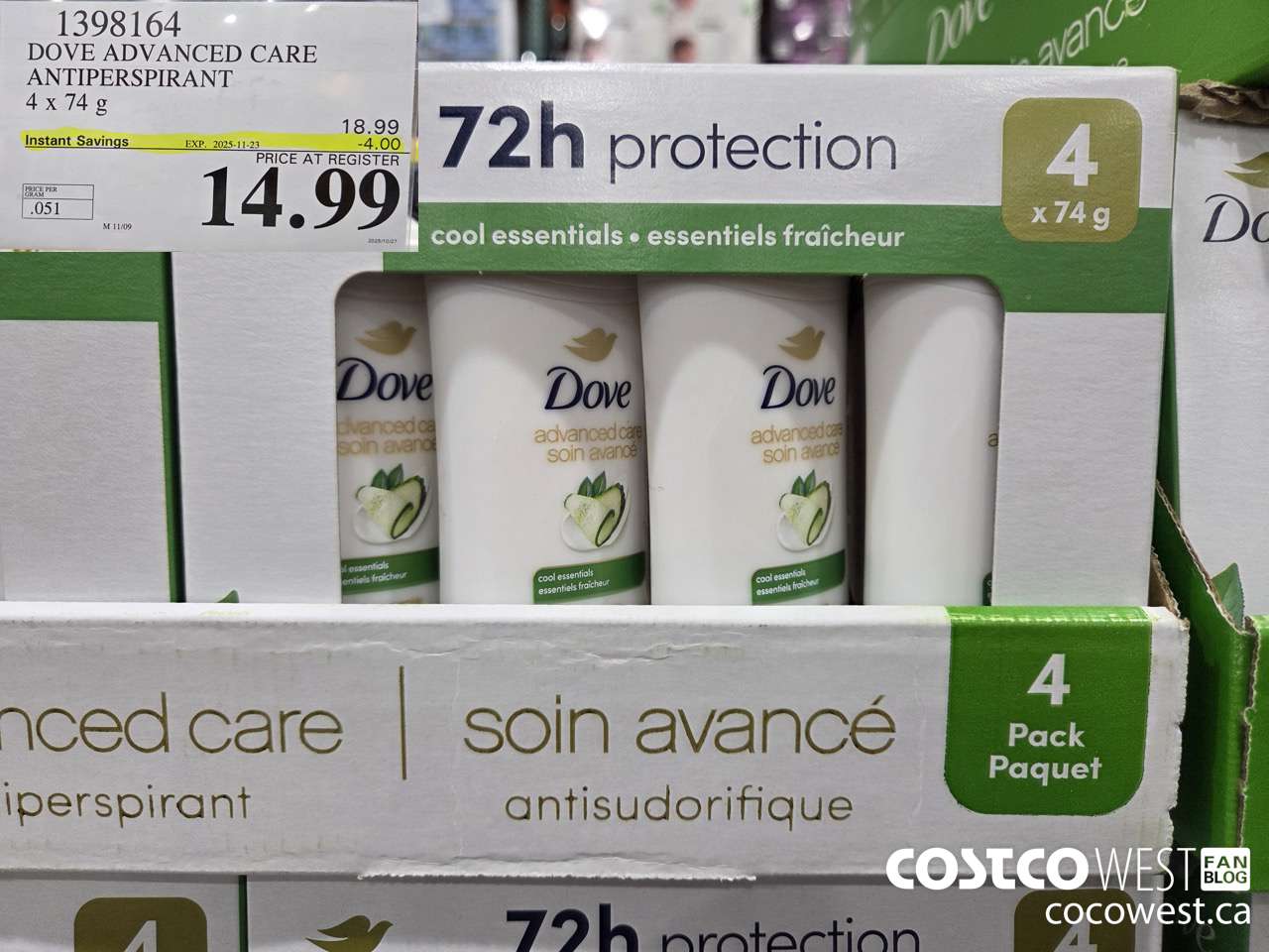 1398164 DOVE ADVANCED CARE ANTIPERSPIRANT 4x74 g ($4.00 INSTANT SAVINGS EXPIRES ON 2025-11-23) $14.99