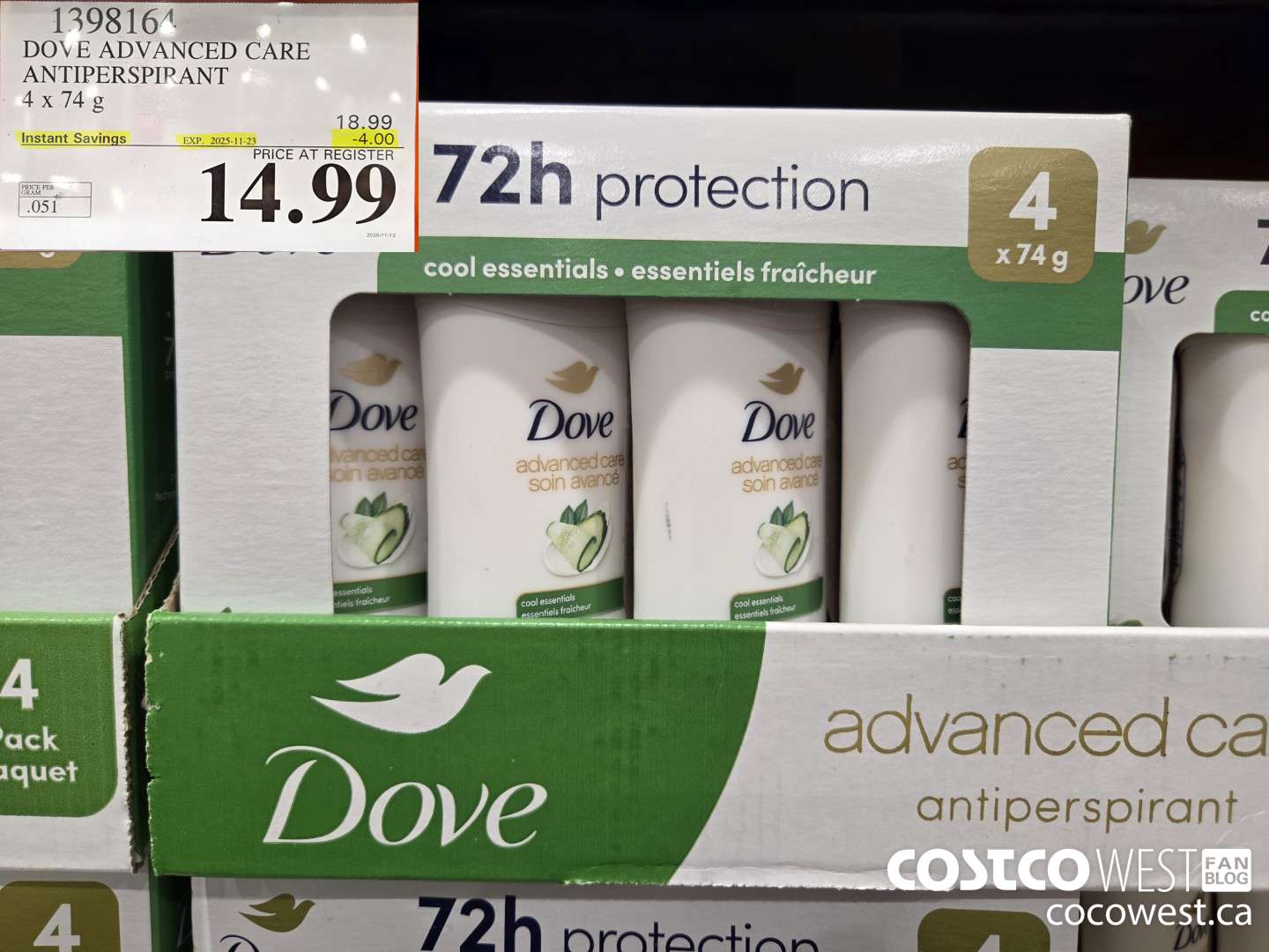 1398164 DOVE ADVANCED CARE ANTIPERSPIRANT 4x74 g ($4.00 INSTANT SAVINGS EXPIRES ON 2025-11-23) $14.99