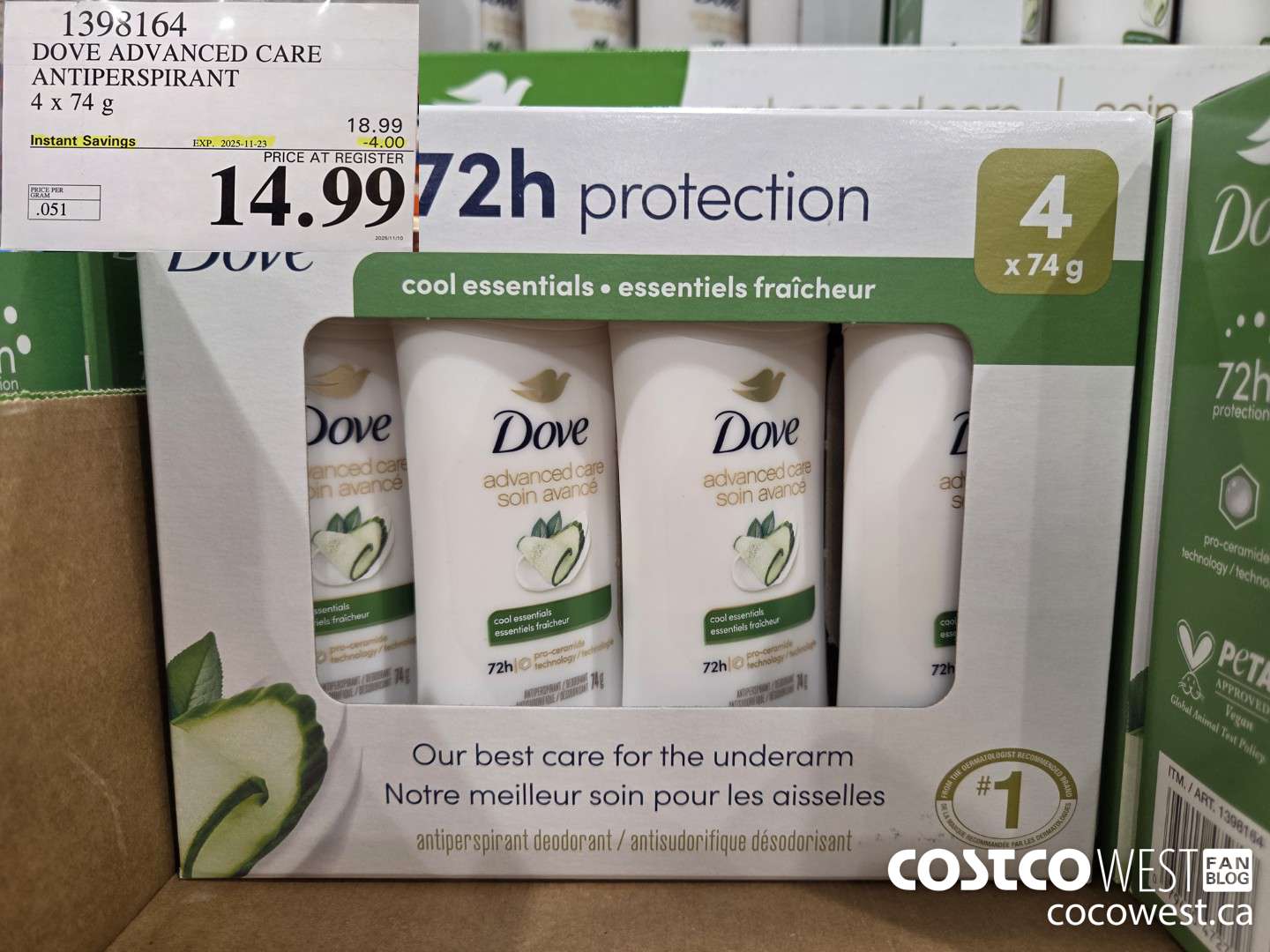 1398164 DOVE ADVANCED CARE ANTIPERSPIRANT 4x74 g ($4.00 INSTANT SAVINGS EXPIRES ON 2025-11-23) $14.99