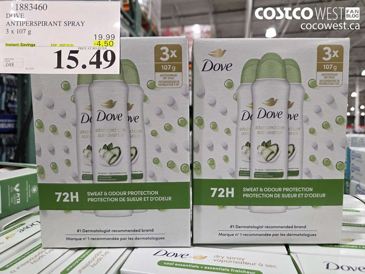 1883460 DOVE ANTIPERSPIRANT SPRAY 3 X 107G ($4.50 INSTANT SAVINGS EXPIRES ON 2025-12-21) $15.49