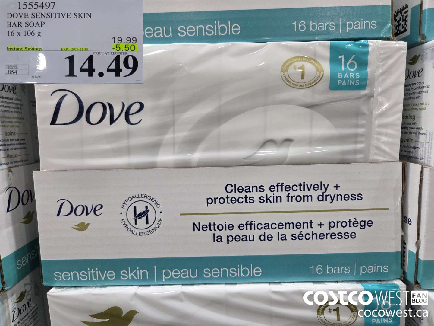 1555497 DOVE BAR SOAP SENSITIVE SKIN 16 x 106 g ($5.50 INSTANT SAVINGS EXPIRES ON 2025-11-30) $14.99