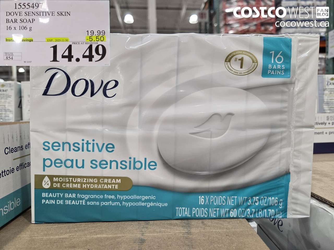 1555497 DOVE BAR SOAP SENSITIVE SKIN 16 x 106 g ($5.50 INSTANT SAVINGS EXPIRES ON 2025-11-30) $14.99