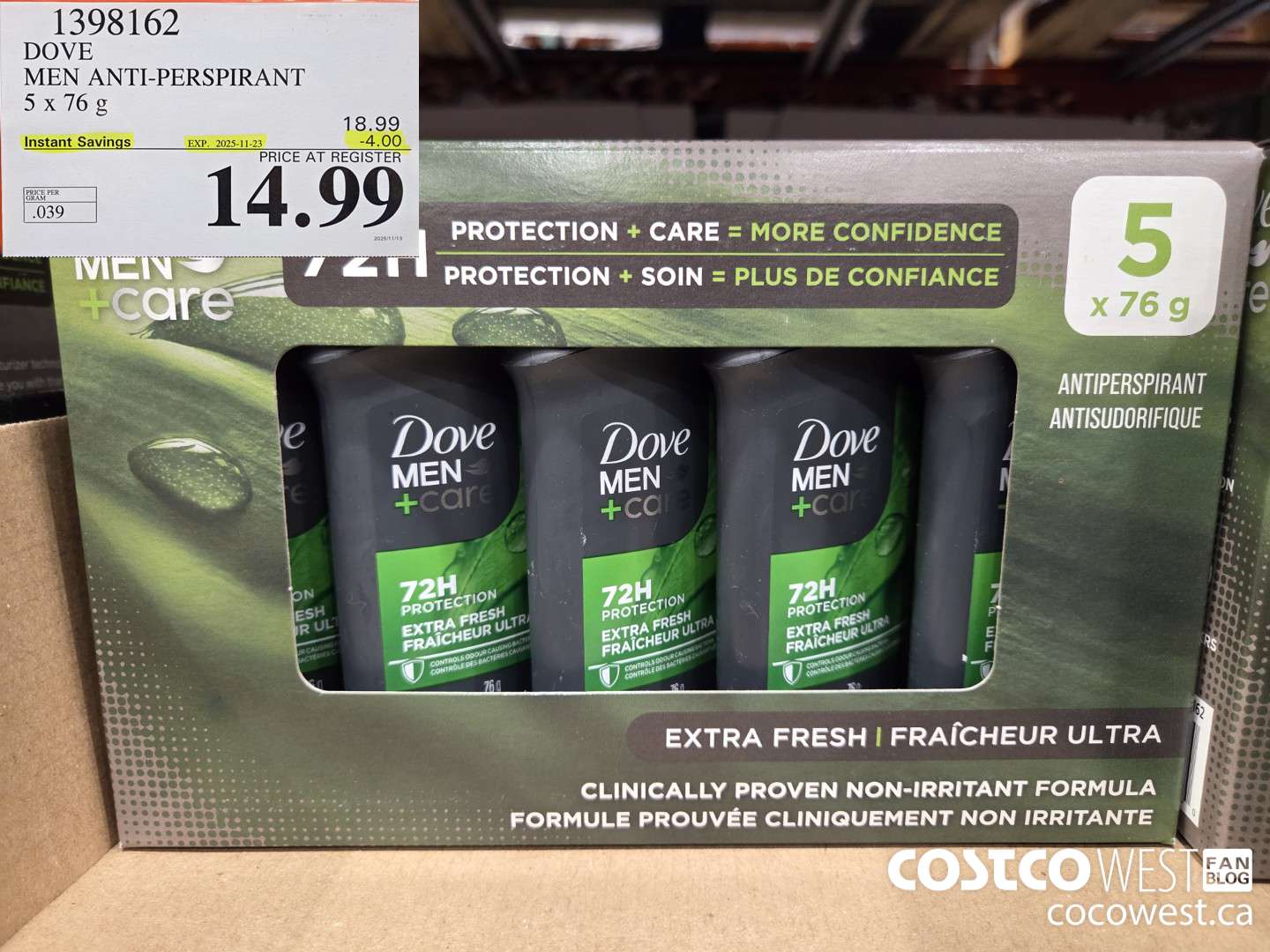 1398162 DOVE MEN ANTI-PERSPIRANT 5 X 76G ($4.00 INSTANT SAVINGS EXPIRES ON 2025-11-23) $14.99