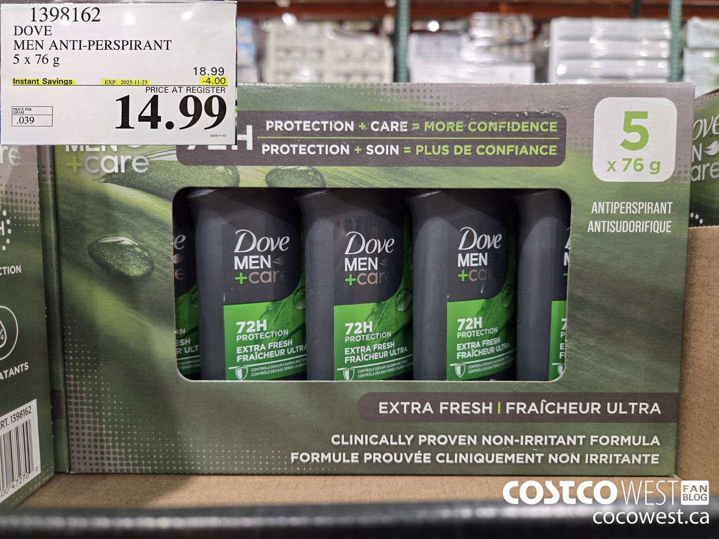 1398162 DOVE MEN ANTI-PERSPIRANT 5 X 76G ($4.00 INSTANT SAVINGS EXPIRES ON 2025-11-23) $14.99