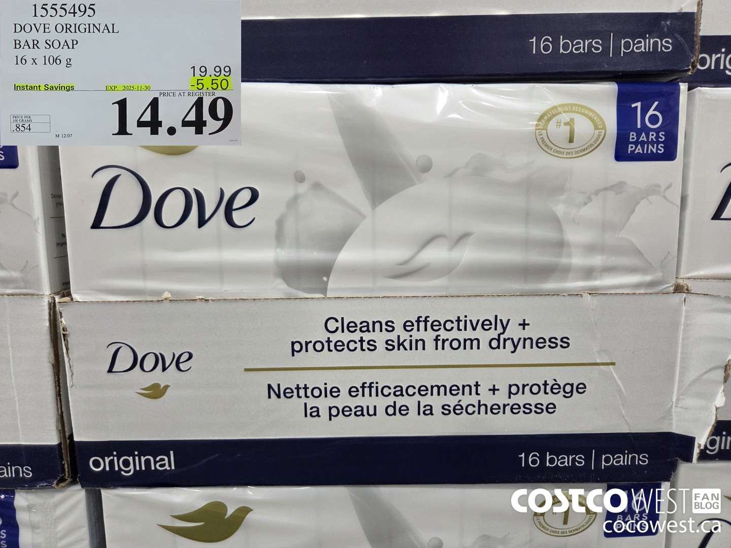 1555495 DOVE ORIGINAL BAR SOAP WHITE 16 x 106 g ($6.50 INSTANT SAVINGS EXPIRES ON 2025-11-30) $14.99