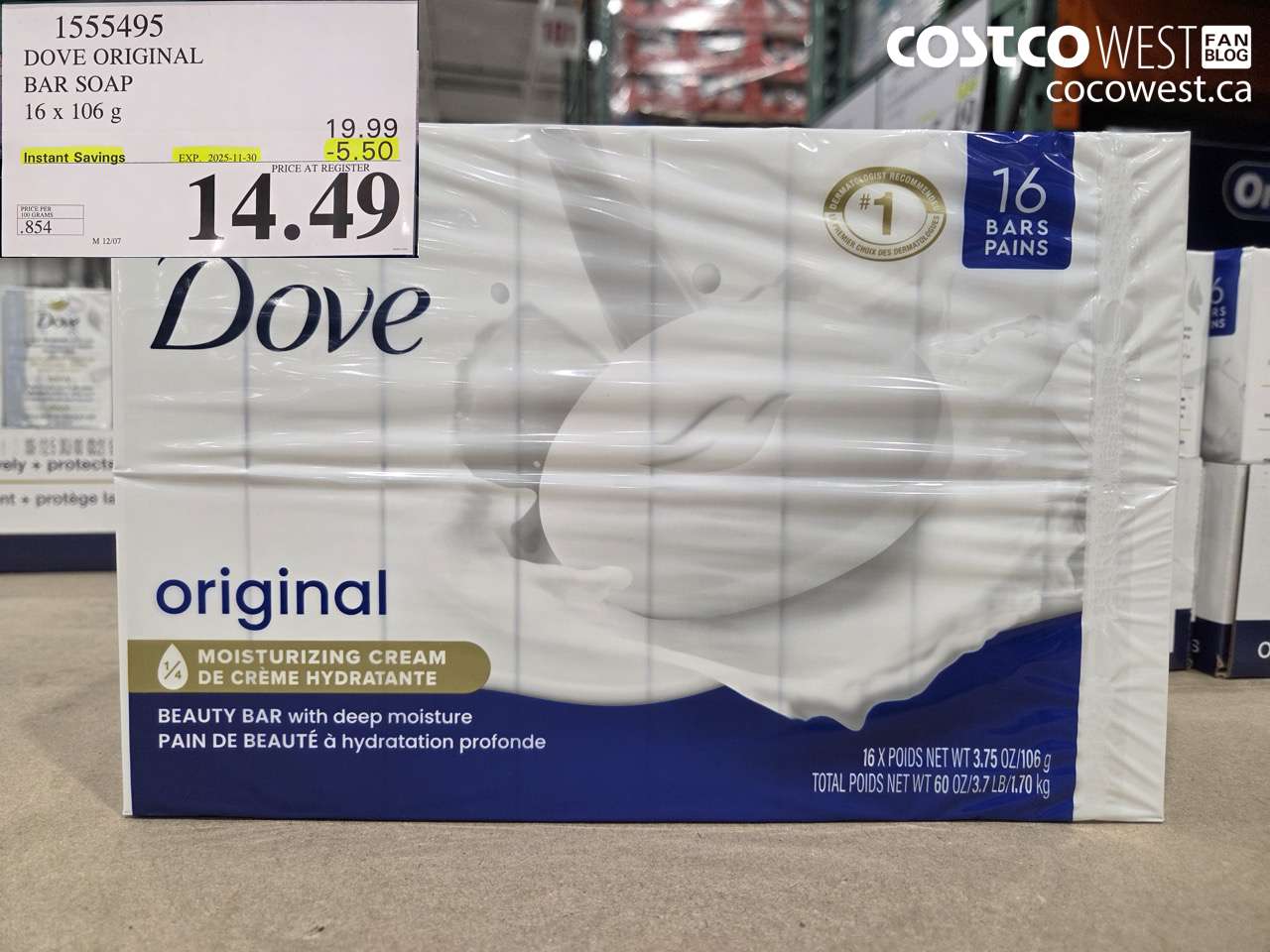 1555495 DOVE ORIGINAL BAR SOAP WHITE 16 x 106 g $.50 OFF (EXPIRES ON 2025-11-30) $14.99