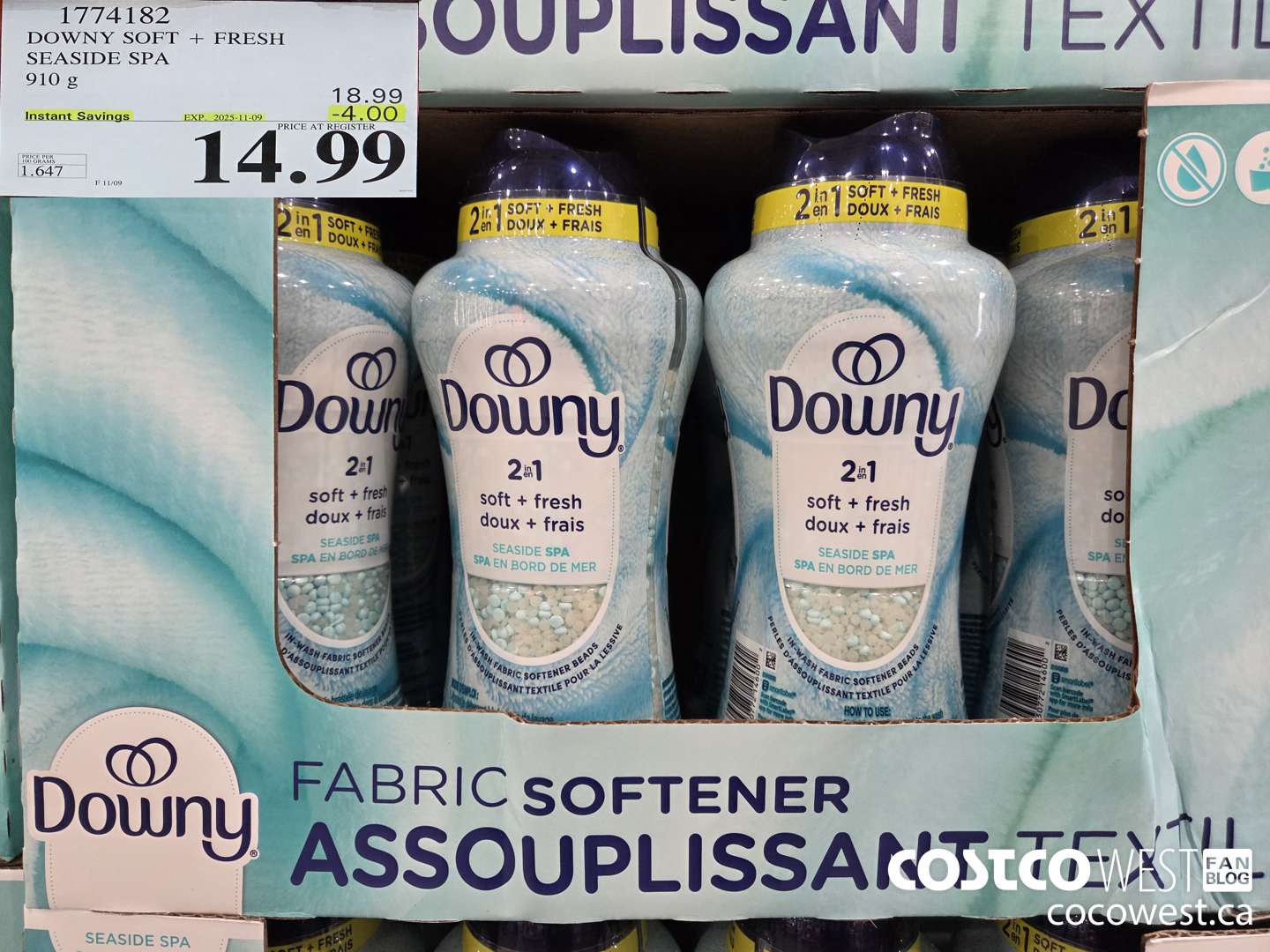 1774182 DOWNY 2IN1 FBRC SFTNR SEASIDE SPA 910G ($4.00 INSTANT SAVINGS EXPIRES ON 2025-11-09) $14.99