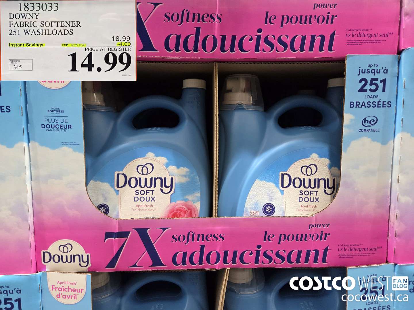 1833033 DOWNY SOFT FABRIC SOFTENER 251 WASHLOADS ($4.00 INSTANT SAVINGS EXPIRES ON 2025-12-21) $14.99